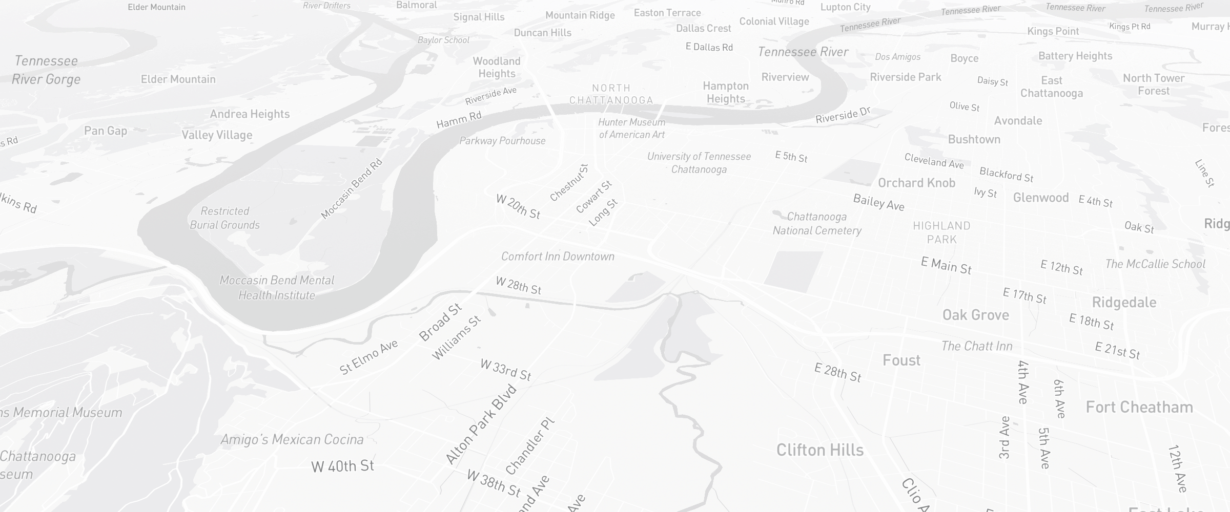 Neighborhood map of Chattanooga, TN — the area served by Life Insurance Agents of Chattanooga Group